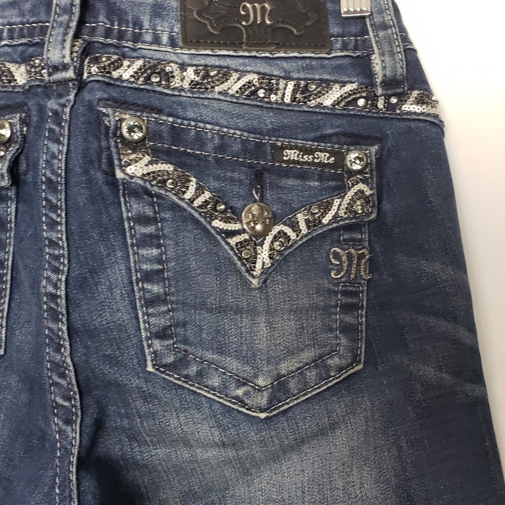 Miss Me Signature Cuffed Skinny Jeans 27 Blue Embellished Sequin - Picture 4 of 10